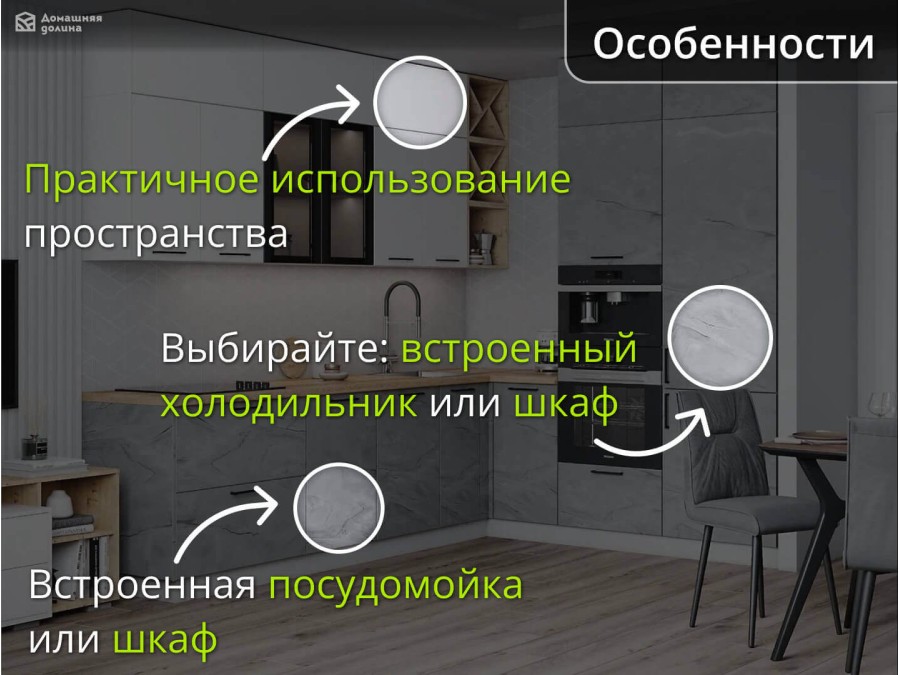 Угловая кухня в бело-серых тонах с уникальным абстрактным фасадом