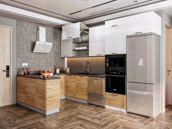 Угловая кухня с полуостровом - верх белый низ под дерево