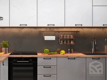Прямая кухня Белого цвета верх - Светло-Серый низ Отделка под штукатурку | Лофт-15