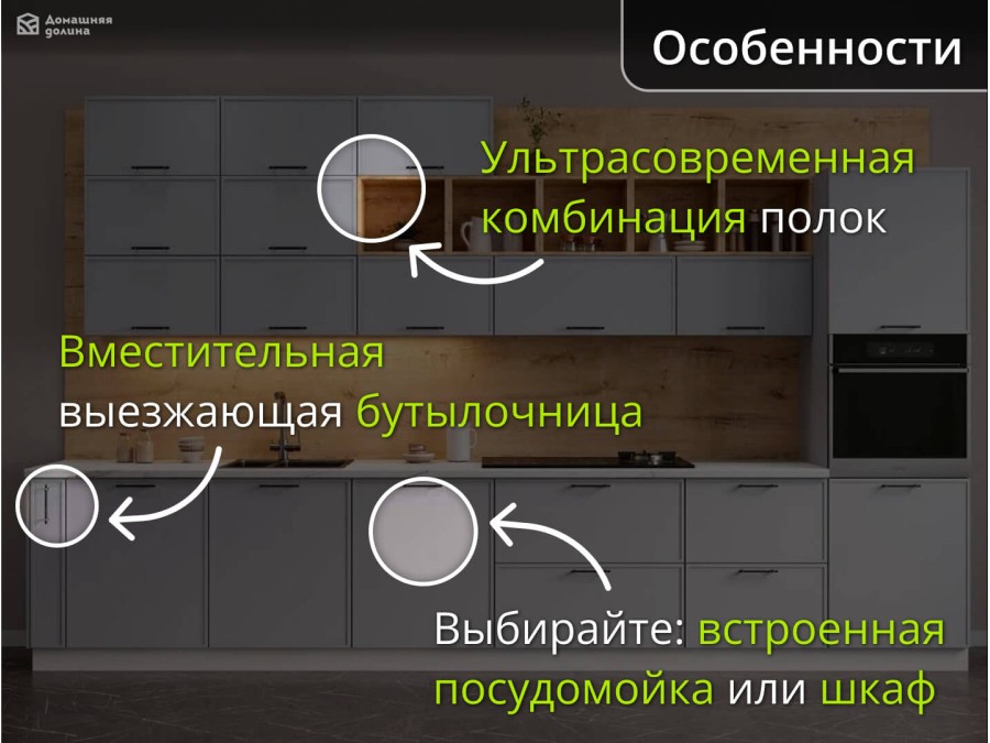 Кухня в сочетании серого и дерева с тонкой окантовкой | 4 метра Марта-006