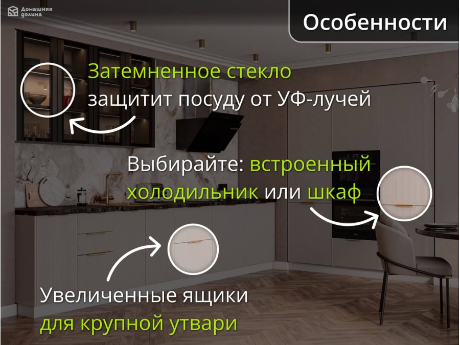 Модульная рифленая кухня серого цвета со встроенными шкафами | 3*1.8 метра