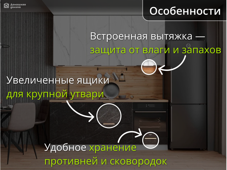 Волнистая кухня под камень белый верх - черный низ| 2 метра Монца 017