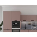 Современная прямая кухня в нежном розовом цвете с удобной барной стойкой