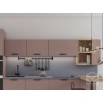 Современная прямая кухня в нежном розовом цвете с удобной барной стойкой