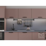 Современная прямая кухня в нежном розовом цвете с удобной барной стойкой