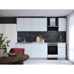 Белая модульная кухня с интегрированными ручками и отделкой под мрамор