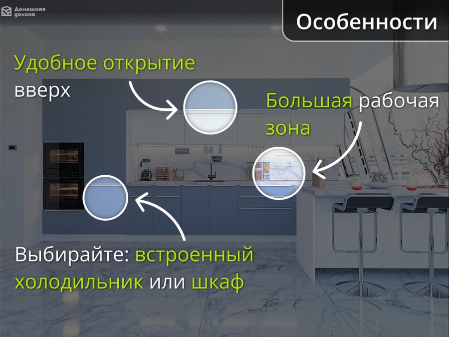 Нежно-голубая прямая кухня с двумя пеналами и антресолью | 4.4 метра Фьюжн-006
