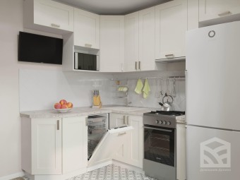 Угловая белая кухня с посудомойкой и микроволновкой | Лофт-Виват-046