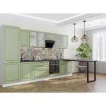 Прямая зеленая кухня в стиле неоклассика с барной стойкой и пеналом