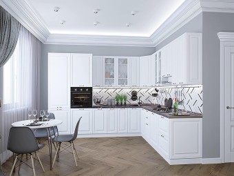 Большая угловая белая кухня с матовыми витринами и 2 пеналами | Ницца-029