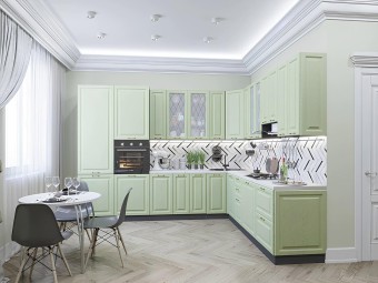 Большая угловая кухня зеленого цвета с текстурой дерева | Ницца-034